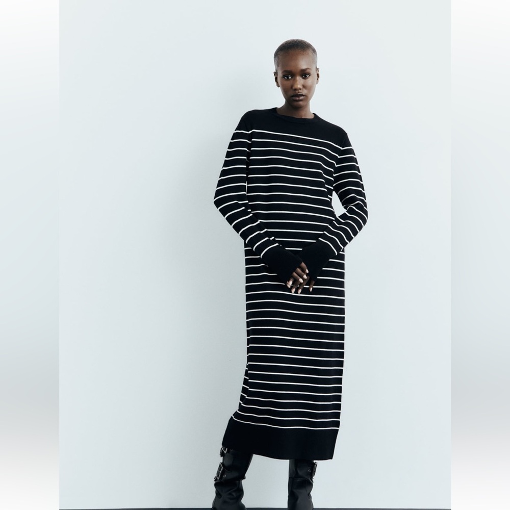 Zara Black and White Striped Midi Dress